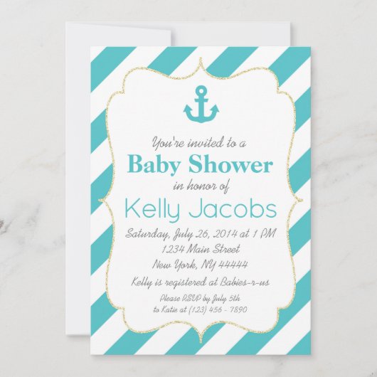 Turquoise und Gold Nautical Baby Dusche Einladung (Vorderseite)
