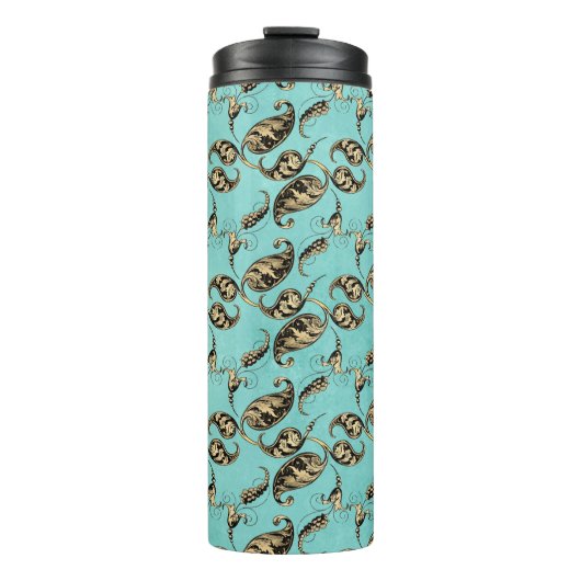 Turquoise und Gold Peacock Paisley Thermosbecher (Vorderseite)
