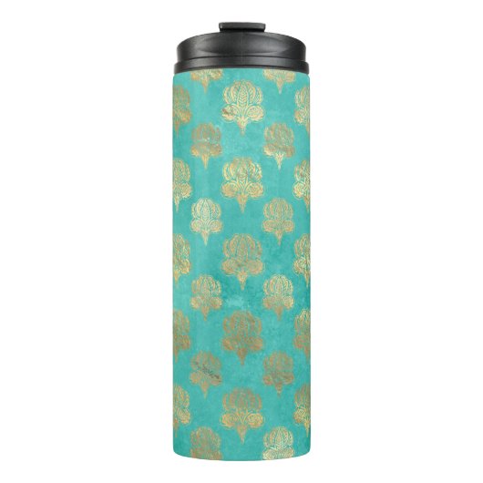 Turquoise und Gold Pfauengrunge Damask Thermosbecher (Vorderseite)