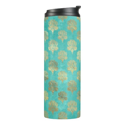 Turquoise und Gold Pfauengrunge Damask Thermosbecher (Nach links gedreht)