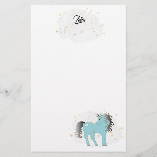 Turquoise Unicorn and Stars Stationery Briefpapier (Vorderseite)