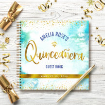 Turquoise Watercolor Gold Quinceñera Gästebuch