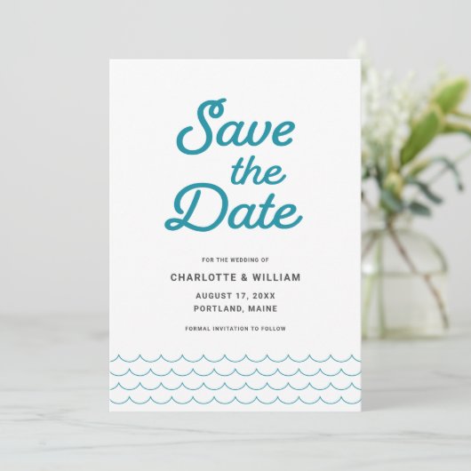 Turquoise Waves Save the Date Card (Stehend Vorderseite)