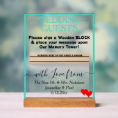 Turquoise Wedding Holz Block Guest Book Hearts Acrylschild (Neutral)