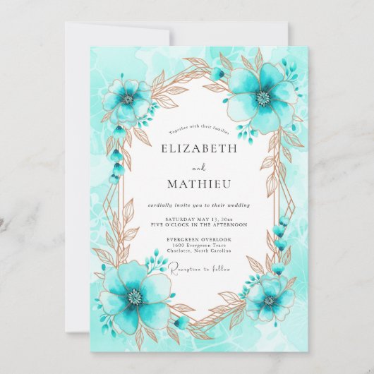Turquoise Whimsical Botanical Winter Wedding Einladung (Vorderseite)