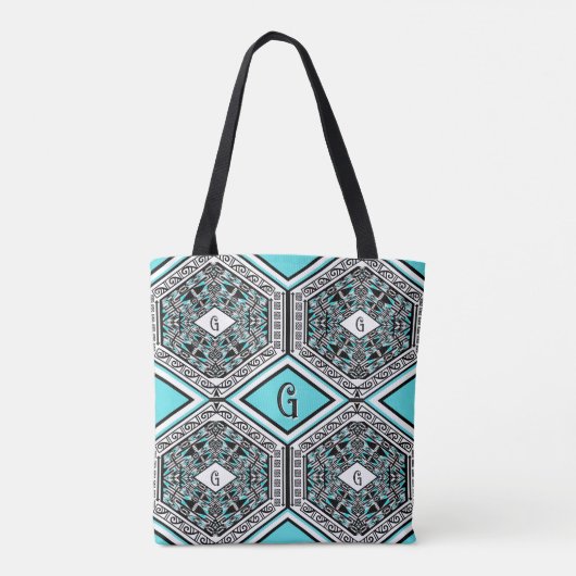 Turquoise, White & Black Tribal Tapestry Tote Tasche (Rückseite)