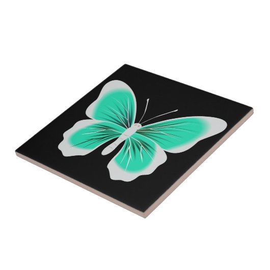 Turquoise white butterfly black background fliese (Seite)