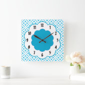 Turquoise White Flower Retro Pattern Wall Clock Quadratische Wanduhr (Zuhause)