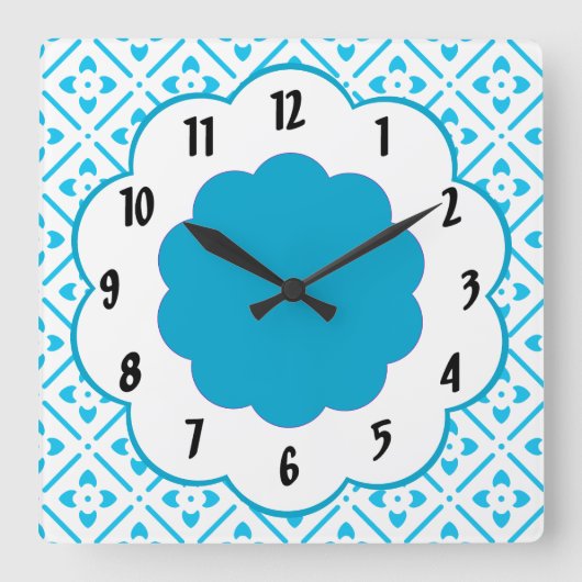 Turquoise White Flower Retro Pattern Wall Clock Quadratische Wanduhr (Vorderseite)