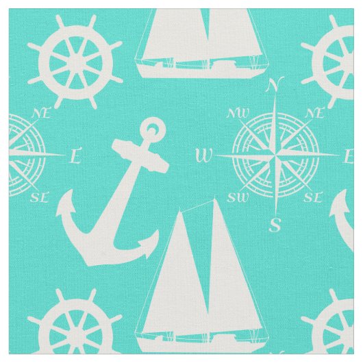 Turquoise White Nautical Coastal Boating Stoff (Nahaufnahme)