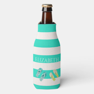 Turquoise white nautical stripes beach name flaschenkühler