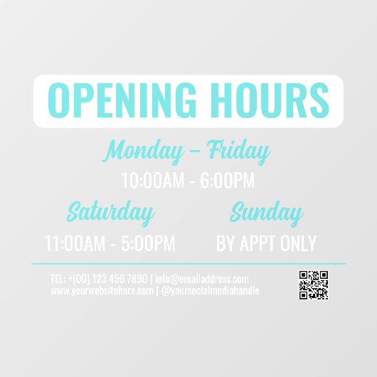 Turquoise White Retro Script QR Code Opening Hours Fensteraufkleber (Blatt)