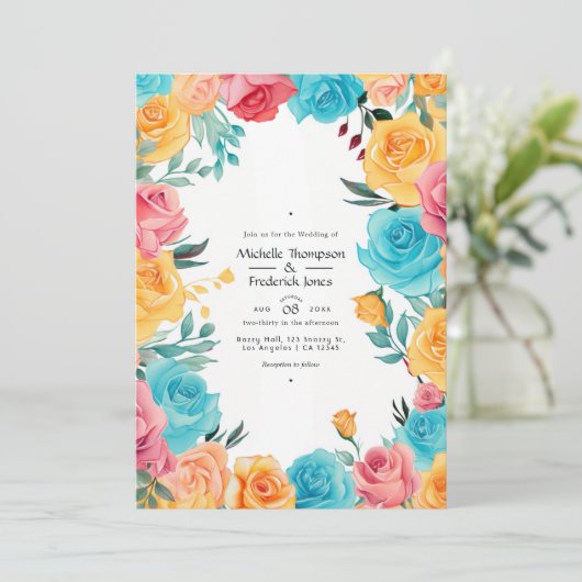Turquoise, Yellow and Pink Floral Wedding Einladung (Stehend Vorderseite)