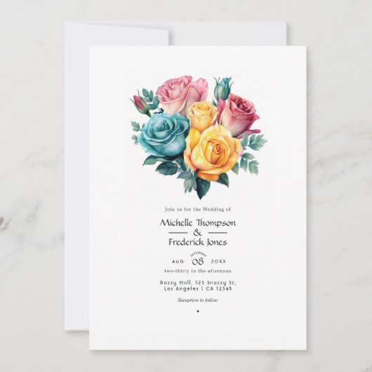 Turquoise, Yellow and Pink Floral Wedding Einladung (Vorderseite)