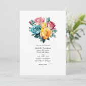 Turquoise, Yellow and Pink Floral Wedding Einladung (Stehend Vorderseite)