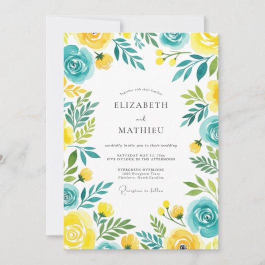 Turquoise Yellow Breezy Summer Wedding Einladung (Vorderseite)