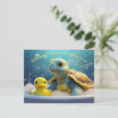 Turtle and Rubber Duck in the Bath Custom Text Postkarte (Stehend Vorderseite)