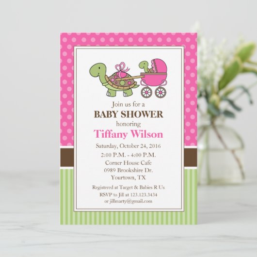 Turtle Baby Dusche Einladung pink (Stehend Vorderseite)