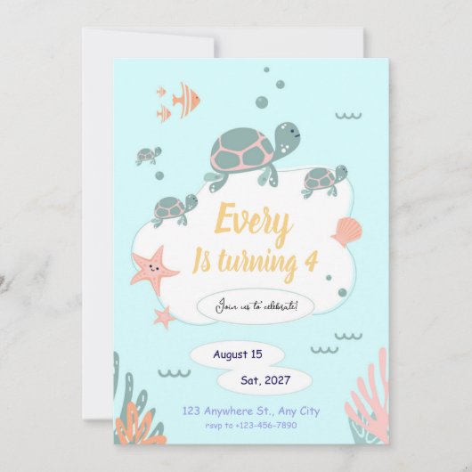 Turtle Birthday invitation under the sea invite Einladung (Vorderseite)