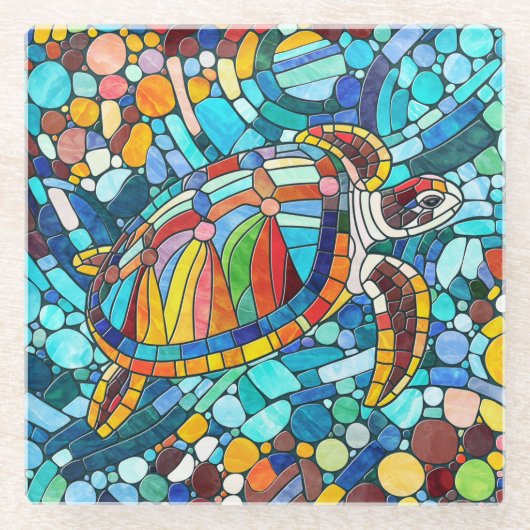 Turtle Colorful Mosaik Art Glasuntersetzer (Vorderseite)