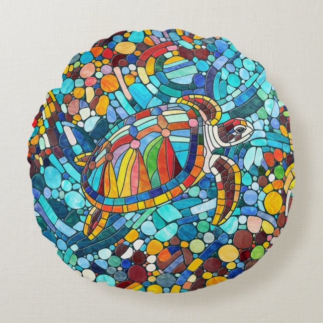 Turtle Colorful Mosaik Art Rundes Kissen (Vorderseite)
