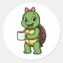 Turtle drinking coffee runder aufkleber