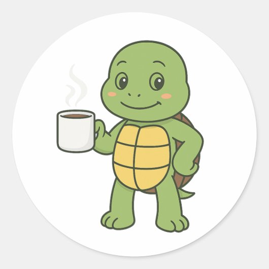 Turtle drinking coffee runder aufkleber (Vorderseite)