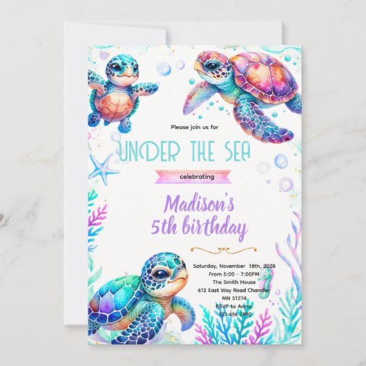 Turtle girl party theme invitation einladung (Vorderseite)