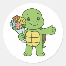 Turtle holding a bouquet of flower runder aufkleber