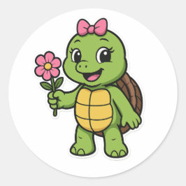 Turtle holding a flower runder aufkleber