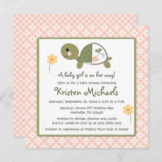 Turtle in Diaper Kinderdusche Einladungen für Mädc (Vorne/Hinten)