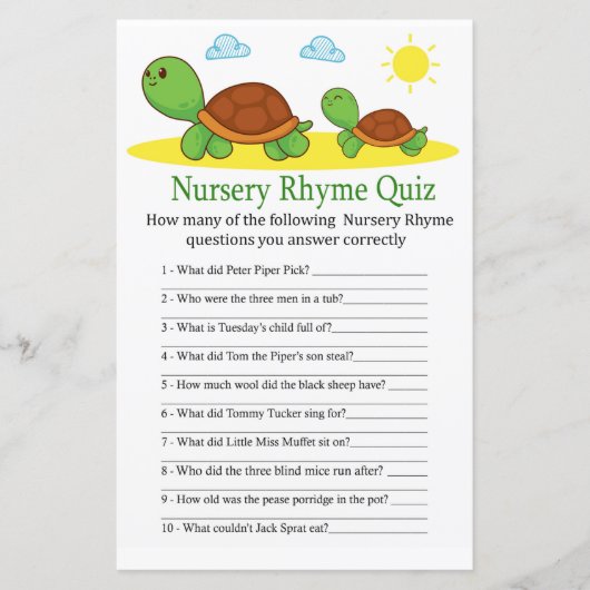 Turtle Kinderzimmer Rhyme Quiz Kinderduschenspiel (Vorderseite)