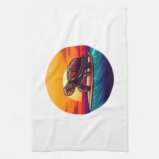 Turtle on Surfboard Sunset Geschirrtuch (Vertikal)