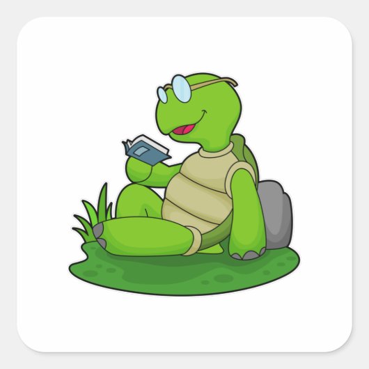 Turtle Reading Book Quadratischer Aufkleber (Vorderseite)