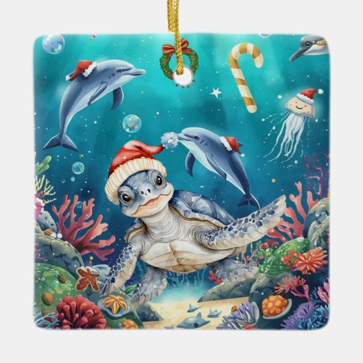 Turtle Santa Hat Under the Sea Christmas Party Keramikornament (Vorderseite)