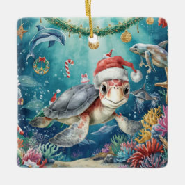 Turtle Santa Hat Under the Sea Christmas Party  Keramikornament