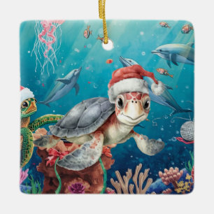 Turtle Santa Hut Unter dem Meer Weihnachtsfeier Keramikornament