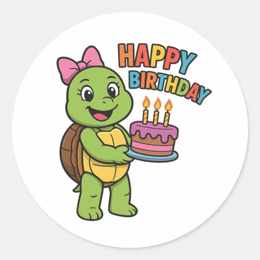 Turtle saying Happy Birthday Runder Aufkleber (Vorderseite)
