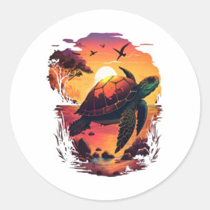 Turtle Sea Ocean Seashore Tropical Beach Sunset Runder Aufkleber