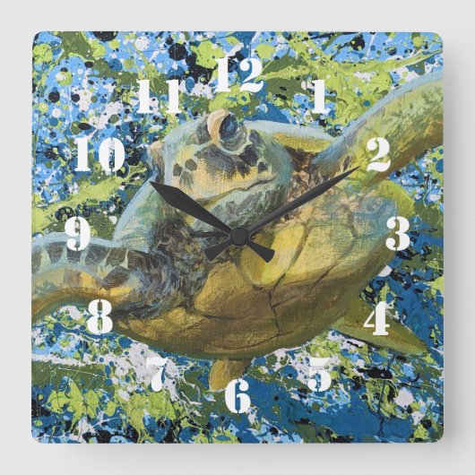 Turtle Splatter Art Quadratische Wanduhr (Vorderseite)