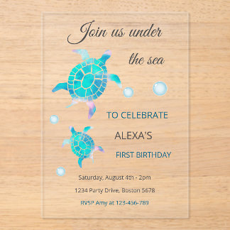 Turtle unter Wasser Aquarell 1. Geburtstag Acryleinladungen