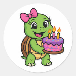 Turtle with birthday cake runder aufkleber