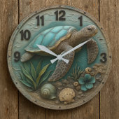 Turtle wood sea decor rustic coastal marine life große wanduhr