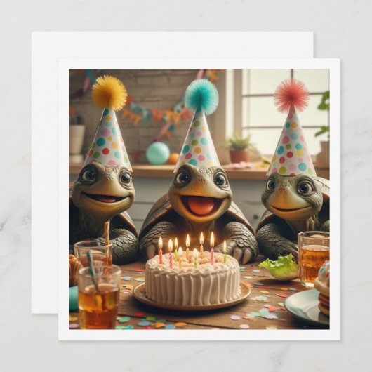 Turtles celebrating birthday with cake and hats einladung (Vorne/Hinten)