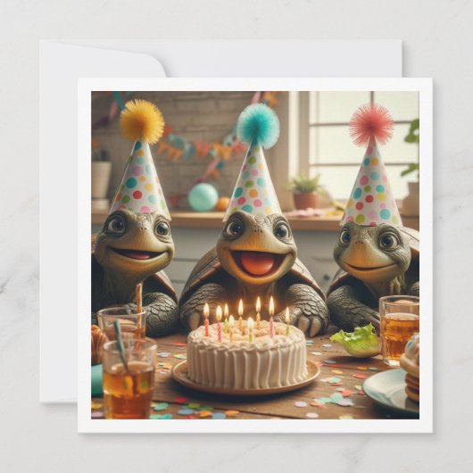 Turtles celebrating birthday with cake and hats einladung (Vorderseite)