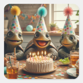 Turtles celebrating birthday with cake and hats quadratischer aufkleber