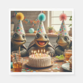 Turtles celebrating birthday with cake and hats  serviette
