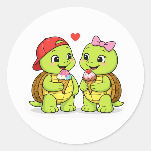 Turtles sharing ice cream and love runder aufkleber (Vorderseite)