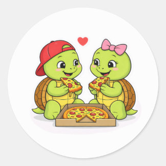 Turtles sharing pizza and smiles runder aufkleber