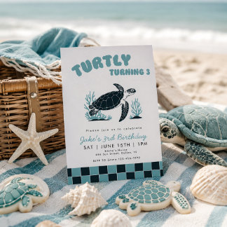 Turtly Turning 3 Turtle Blau Kariert 3. Geburtstag Einladung